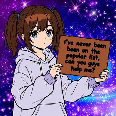 a cute anime girl with a sign saying  i’ve never been on the popular list, can you guys help me?