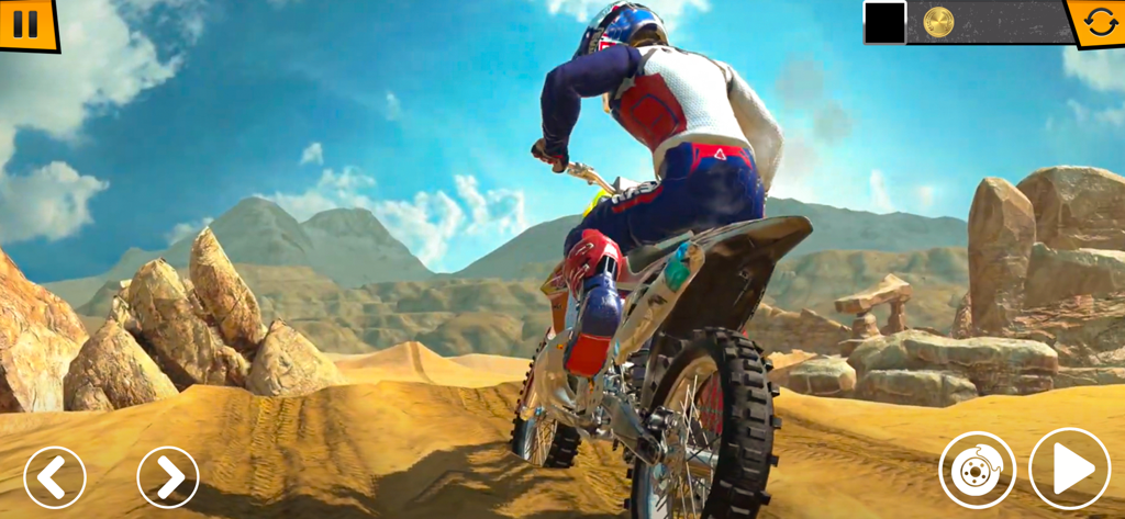 Un piloto de moto de cross 3D navegando por una pista desértica arenosa en Stunts de Moto Wheelie Offroad 3D