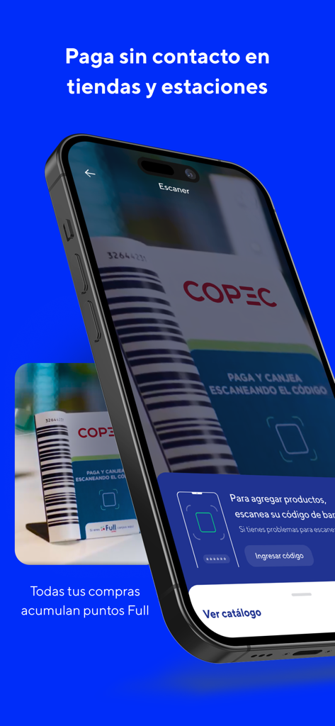 Smartphone using the Copec app scanner to pay contactlessly in stores and stations
