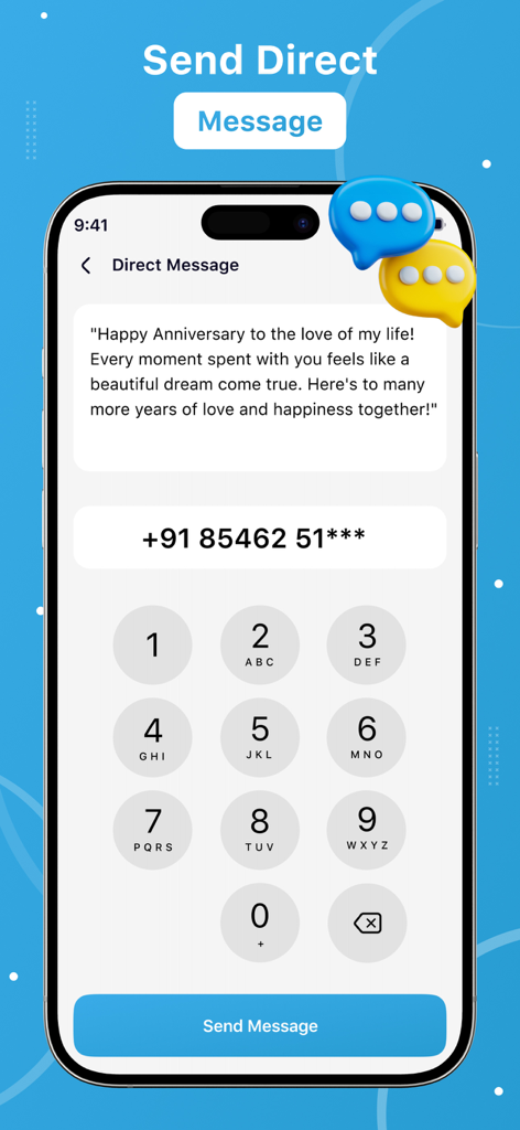 Interfaz de la aplicación móvil que muestra la función de mensaje directo con un teclado numérico y un cuadro de texto de mensaje