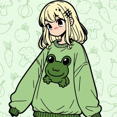 girl wearing frogging sweatshirt