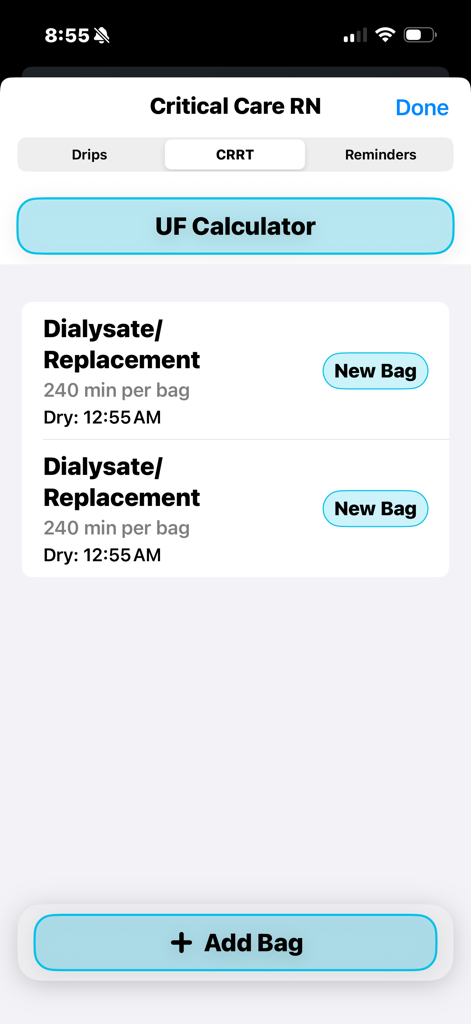 Interface of the Code Blue Narrator app showing CRRT dialysate and replacement bag tracking for ICU nurses