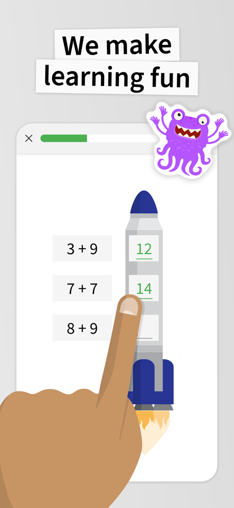 A child solving addition problems in a rocket-themed math game on the ANTON educational app