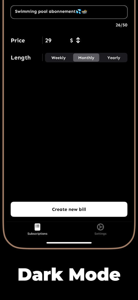Bill Organizer: Expense Track - Interfaz para crear una nueva factura recurrente en modo oscuro con opciones de precio y frecuencia