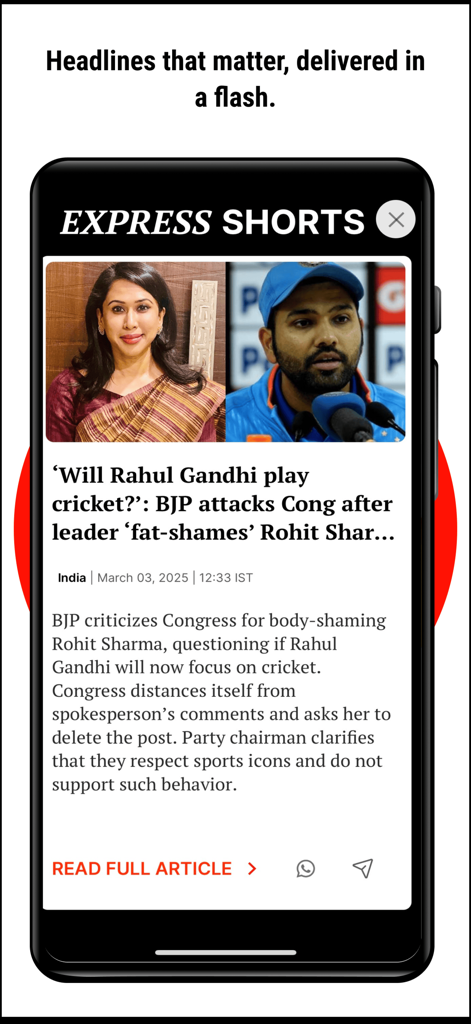 Indian Express News + Epaper - Indian Express News app displaying the Express Shorts feature for quick news headlines.