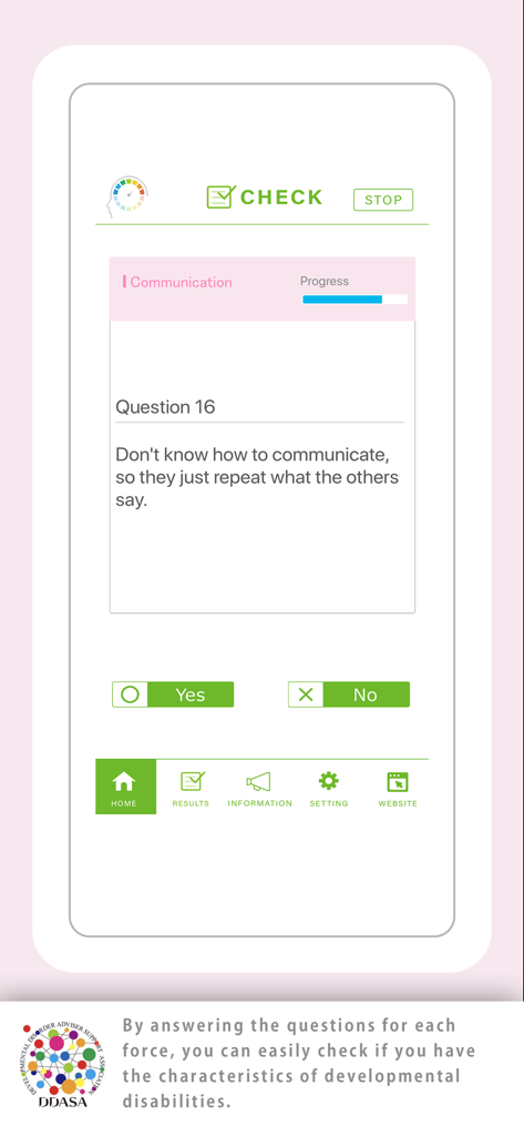 A behavioral screening question in the communication category of the DDASA developmental disorder app.