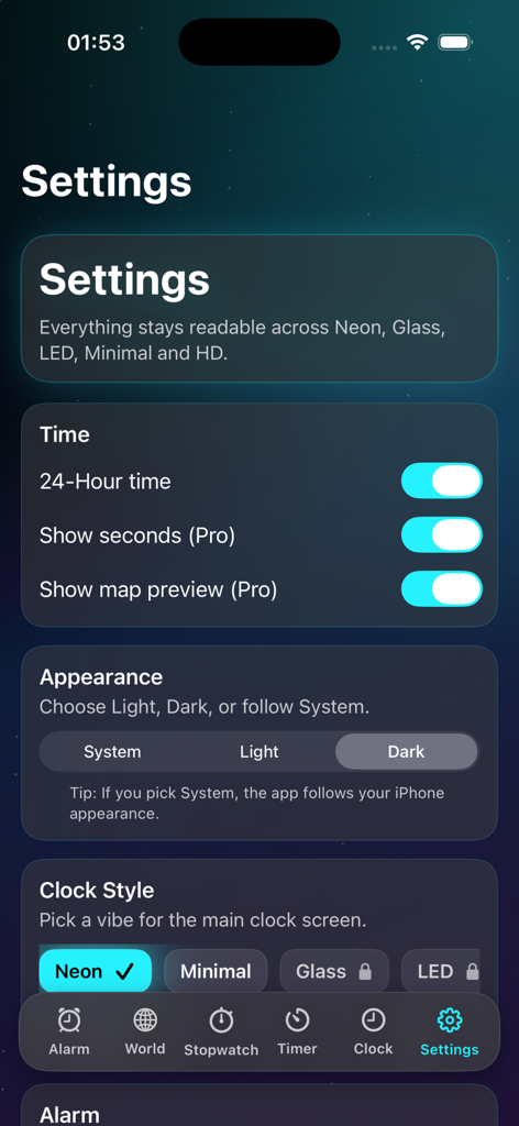 Alarm Clock – Loud Wake Up* - Settings screen of the Alarm Clock app featuring time format and visual appearance customization options.