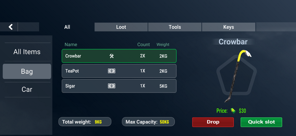 Criminal Life Simulator - Inventory screen in Criminal Life Simulator showing collected loot items like a crowbar and teapot in the player bag