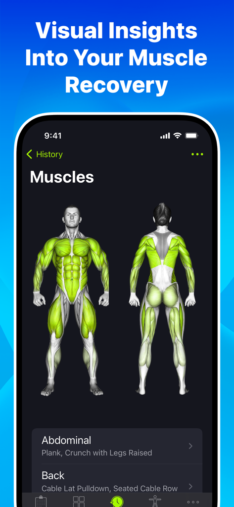 SmartGym app interface showing visual muscle recovery insights with highlighted muscle groups on human anatomy diagrams