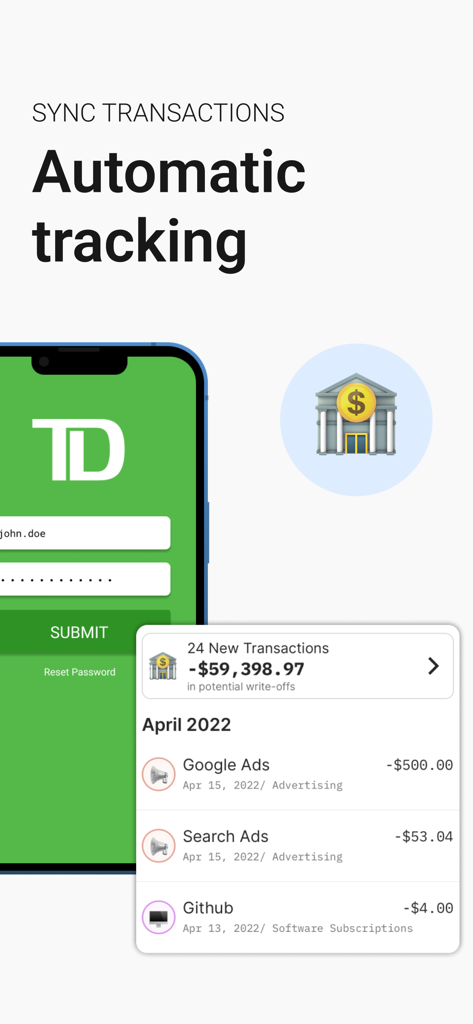 Écran d'application mobile montrant le suivi et la synchronisation automatiques des transactions bancaires pour les déductions fiscales des dépenses professionnelles