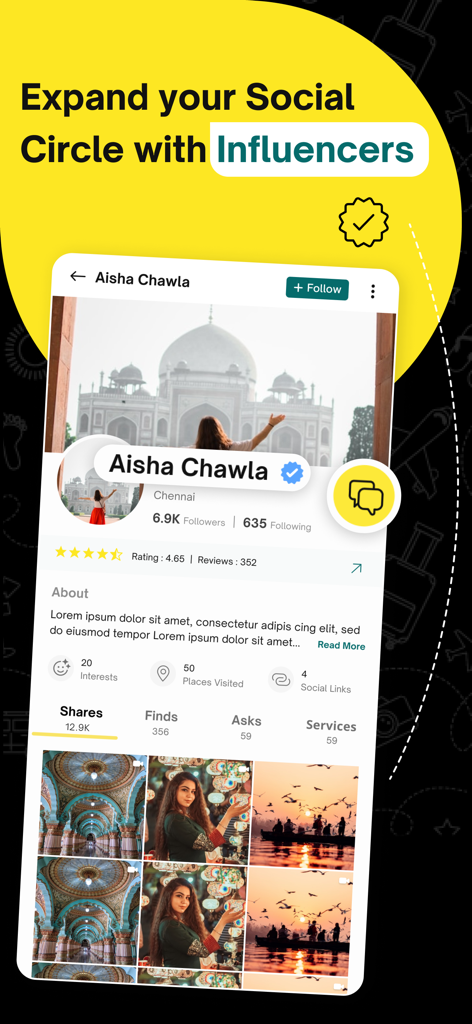 Travel Buddy app interface showing a verified influencer profile with travel photos and follower statistics