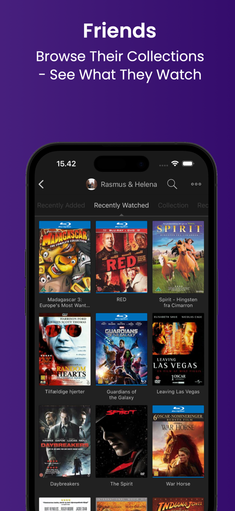 Interfaz de aplicación móvil que muestra la colección de películas de amigos y los títulos vistos recientemente