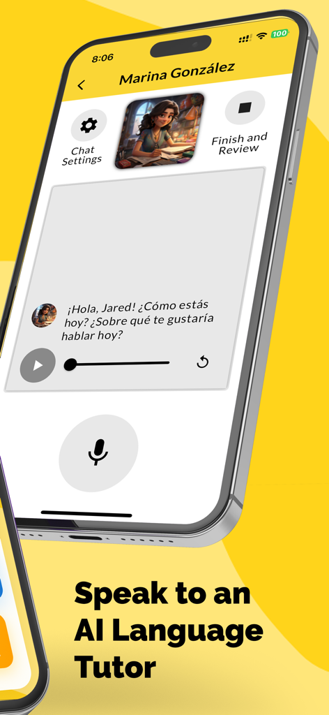 Amigo Lingo: Speak Spanish - Aplicación móvil Amigo Lingo mostrando una interfaz de conversación por voz con una tutora de español de IA llamada Marina González.