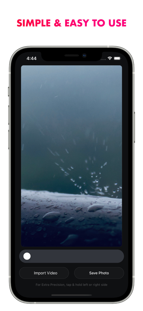 Interface of the Stills app on an iPhone showing a simple video to photo extraction process with buttons for importing and saving.