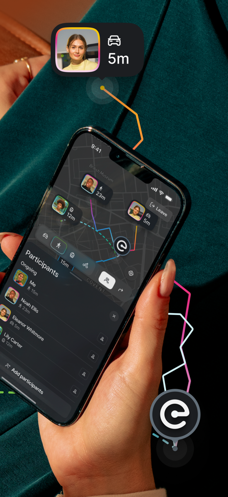 A person holding an iPhone displaying the eta app map with real-time locations and arrival times of multiple friends