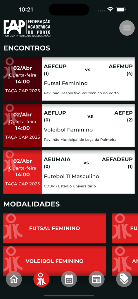 Mobile screen of the FAP Porto app showing university sports match schedules and different athletic categories