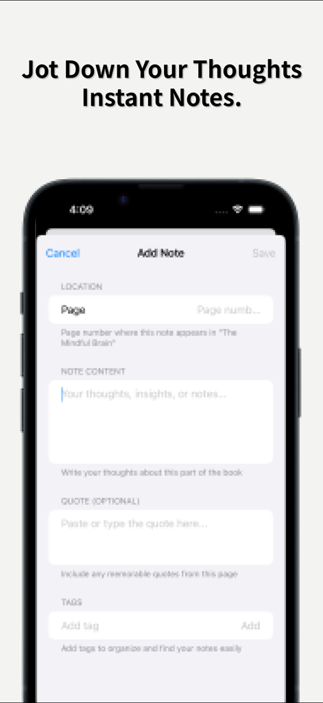 Read Progre ss: Book Journal - Uma interface minimalista do iOS do aplicativo Read Progress mostrando a tela Adicionar Nota com campos para números de página, conteúdo da nota, citações e tags.