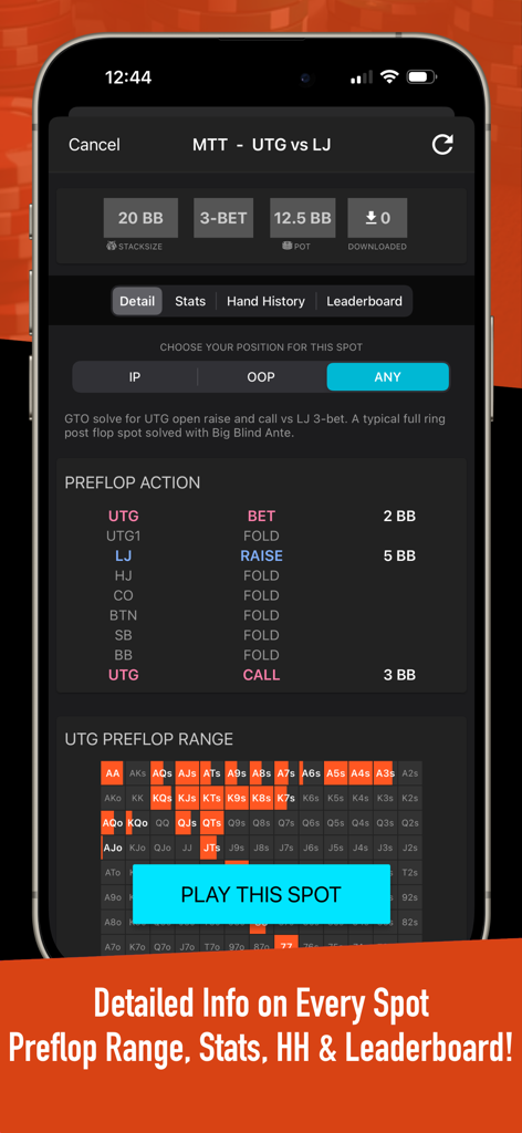 Postflop+ GTO Poker Trainer - Interfaz de la aplicación Postflop GTO poker trainer que muestra rangos de manos preflop para un escenario de MTT