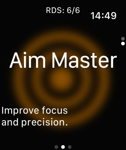 Wrist Stability - Pantalla de la aplicación Estabilidad de Muñeca en Apple Watch mostrando el modo de juego Aim Master para mejorar el enfoque y la precisión