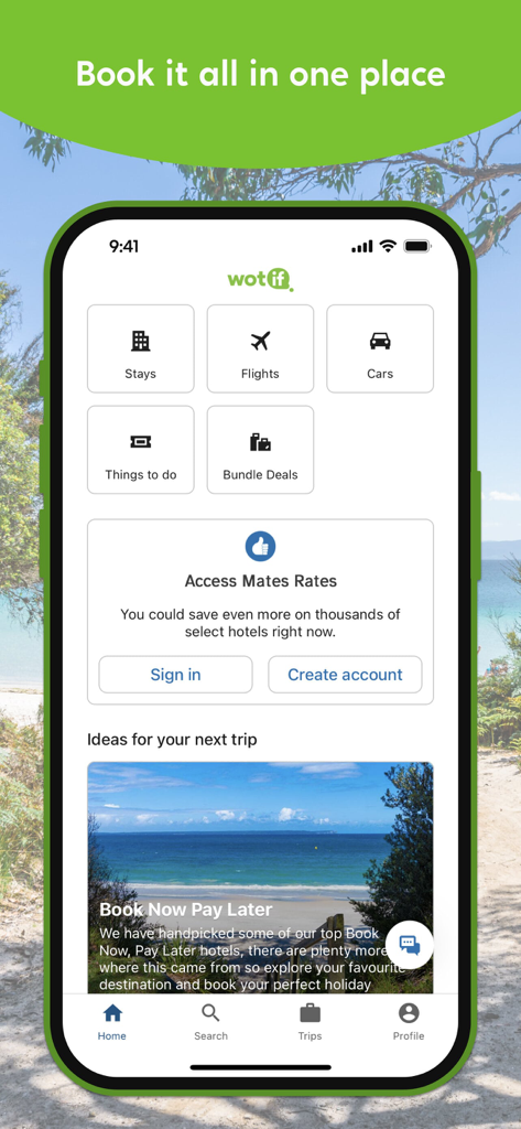 Interface of the Wotif travel app displaying icons for hotels flights and car rentals
