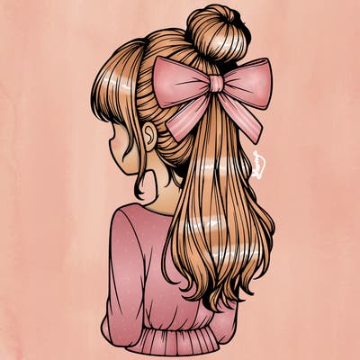 realistic girl  with hip length hair a bun and a big bow on the back of head