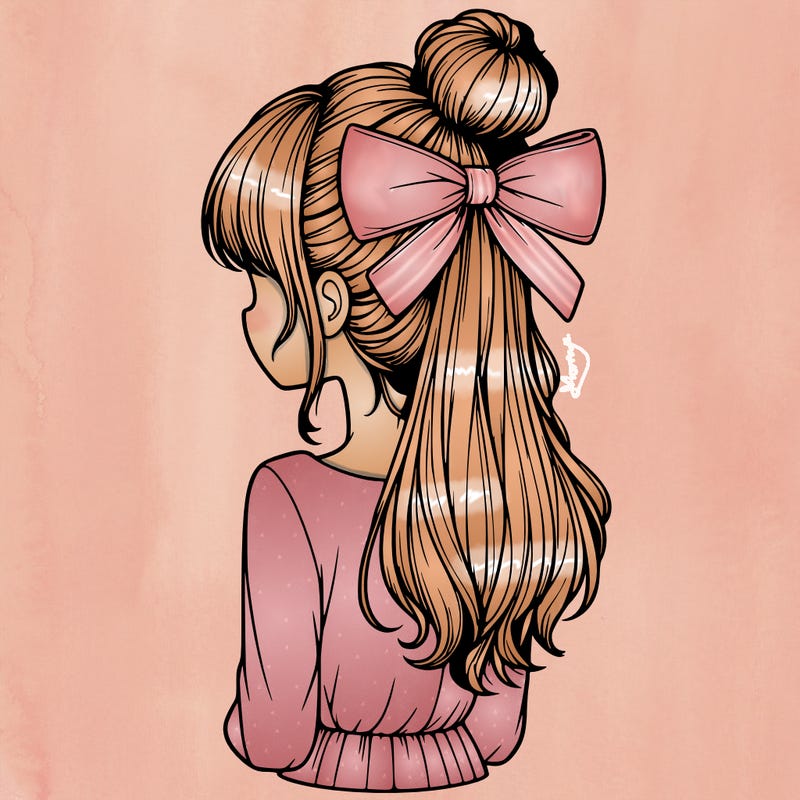 realistic girl  with hip length hair a bun and a big bow on the back of head