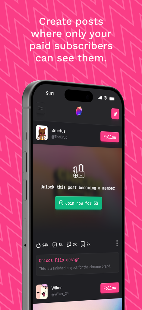 Eskiwi - Smartphone mit der Eskiwi-App-Oberfläche mit einer gesperrten Veröffentlichung und einer Abonnement-Schaltfläche für Fans.