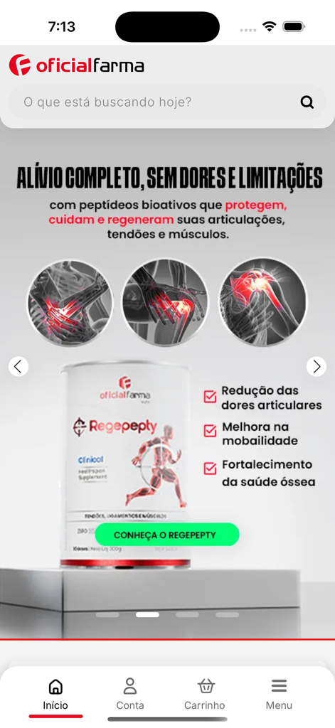 OficialFarma - Tela do aplicativo móvel OficialFarma promovendo o suplemento peptídeo bioativo Regepepty para a saúde das articulações e ossos.