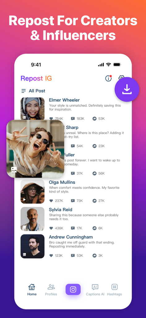La schermata principale dell'app Repost for Instagram che mostra un elenco di post e strumenti creativi per influencer