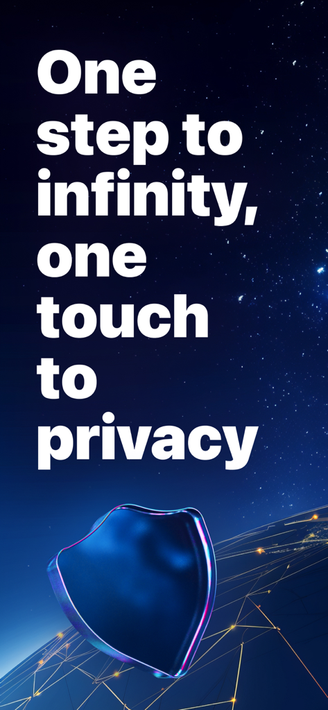 Pantalla de marketing para Secure360 VPN con un icono de escudo azul y el texto "un paso al infinito, un toque a la privacidad"