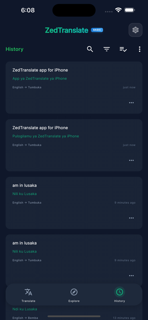 ZedTranslate - Translation history view in the ZedTranslate app showing previous English to Tumbuka and Bemba translations