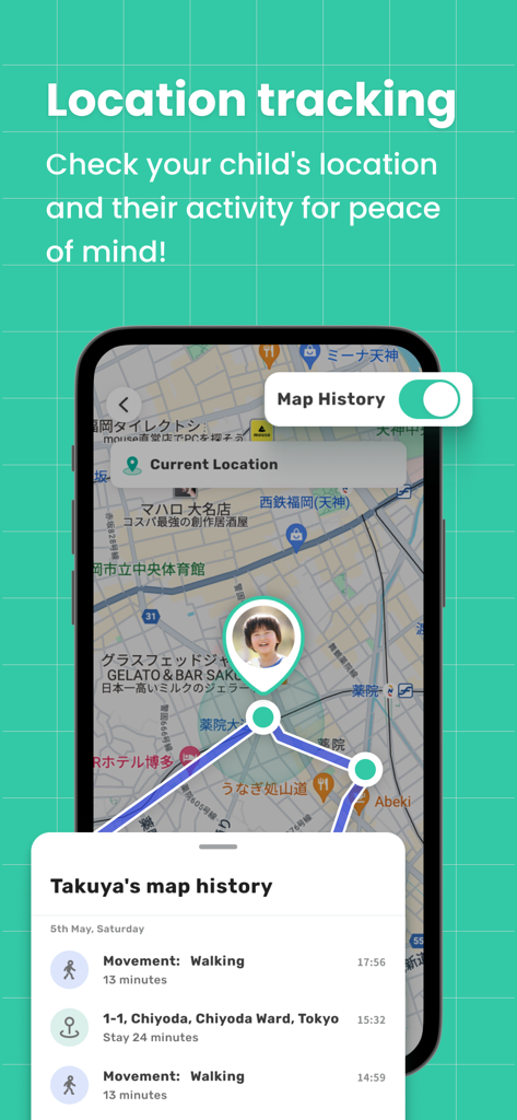 Adora - Parental Control - Smartphone screen showing real time GPS location tracking and map history of a child in the Adora app