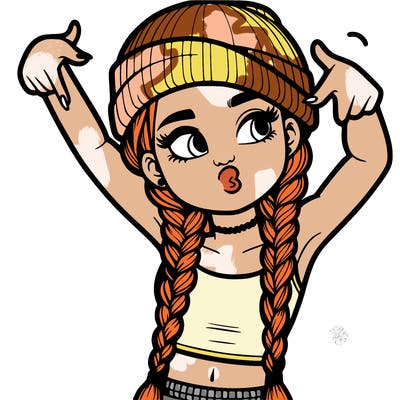realistic teenage girl with braids and a beanie and crop top doing 🫶🏼
