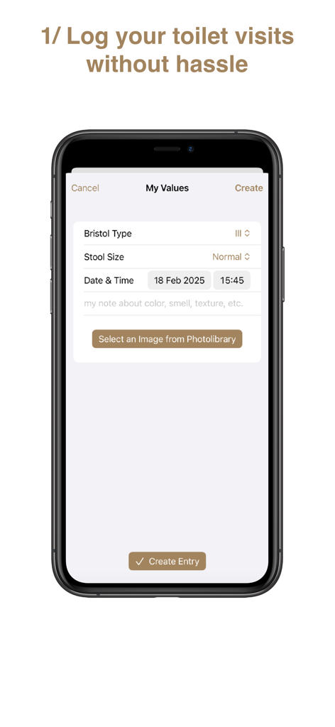 Una pantalla de aplicación móvil para registrar deposiciones con campos para el tipo de Escala de Heces de Bristol, tamaño y fecha
