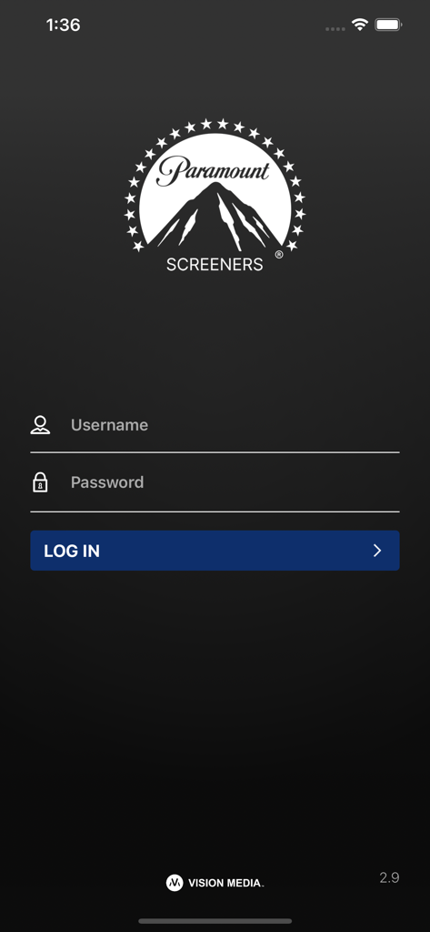 Paramount Screeners mobile app login page for entertainment industry professionals