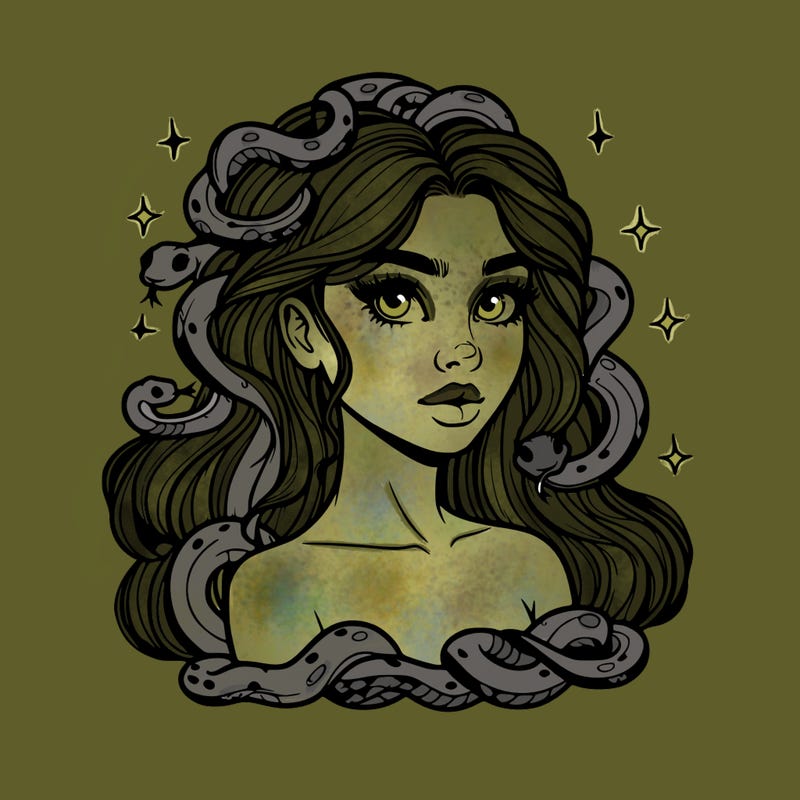 realistic girl with snakes as hair