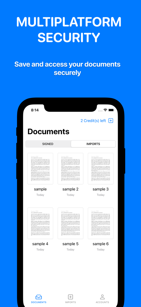 Sign Now: Scan & Sign PDF - Sign Now app screen showing a list of signed and imported documents with multiplatform security.
