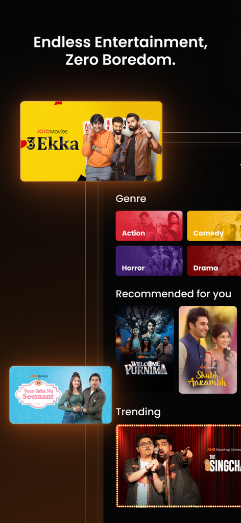 JOJO APP: Movies, Shows, Natak - JOJO app interface showing a variety of Gujarati movies and shows categorized by genres like action comedy horror and drama