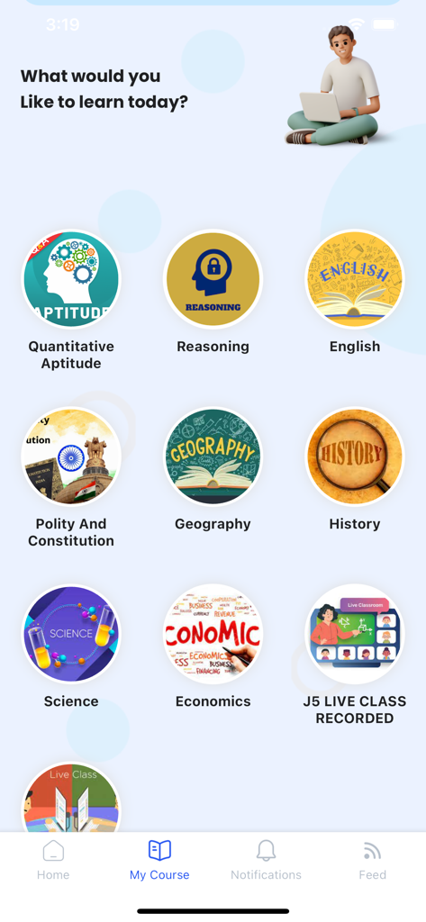 Learners Academy - Learners Academy app dashboard showing educational subject categories including science history and economics