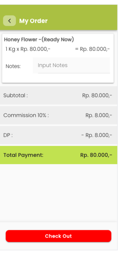 Homemade Indonesia Beans - Pantalla de resumen del pedido en la aplicación Granos de Indonesia Caseros mostrando un pago para granos de café Honey Flower.