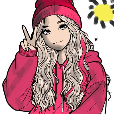 a teenage girl in a beanie, oversized sweatshirt, wavy long hair, and is showing a ✌️
