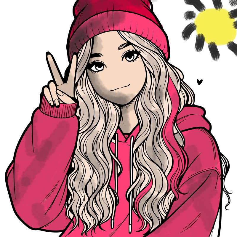 a teenage girl in a beanie, oversized sweatshirt, wavy long hair, and is showing a ✌️
