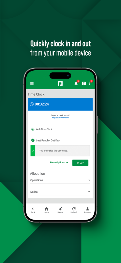 Paycom - Paycom app mobile interface showing the time clock feature for employees to clock in and out.
