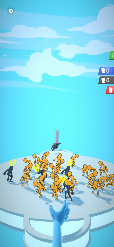 Grab and Throw - First-person view of a blue hand reaching to grab stick figures on a platform in Grab and Throw.