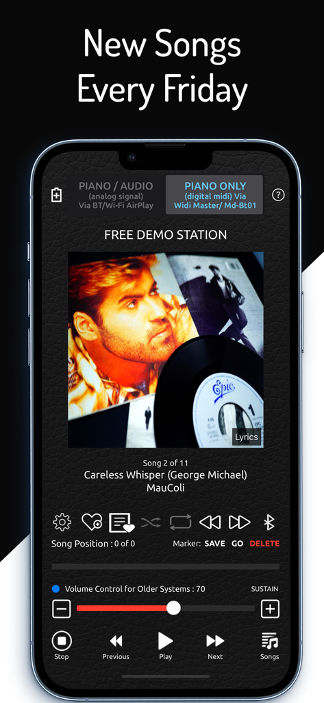 PianoStream Piano MIDI Player - PianoStream app interface displaying playback controls and song info for a MIDI player piano