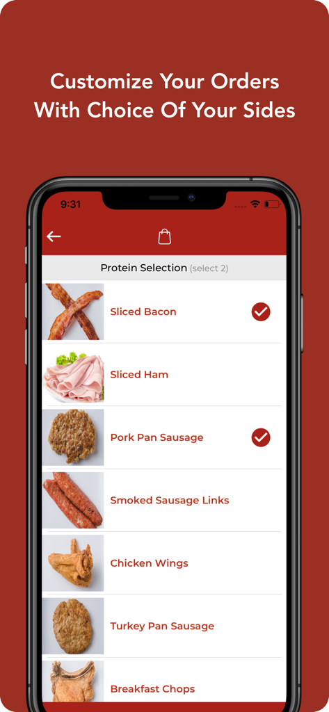 Farmer's Fresh Kitchen - Protein selection screen in the Farmers Fresh Kitchen app for customizing soul food orders