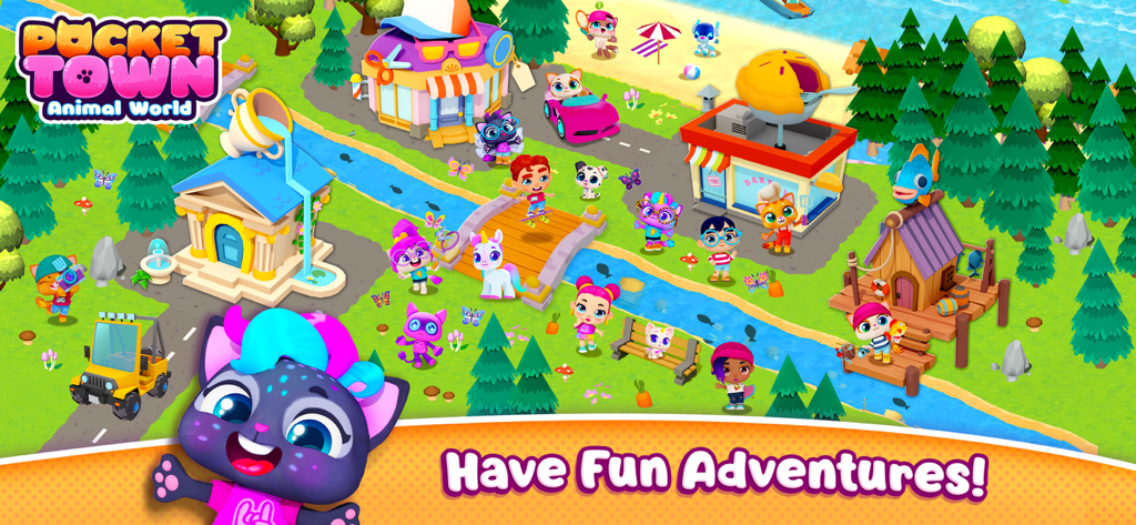 Pocket Town - Animal World - Colorful overview of Pocket Town featuring cartoon characters and buildings in a 3D animal world