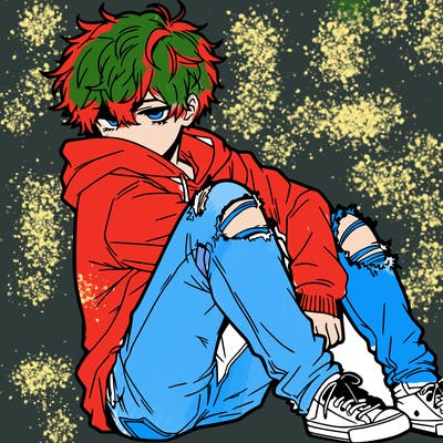 a male hoddie ripped jeans messy hair anime