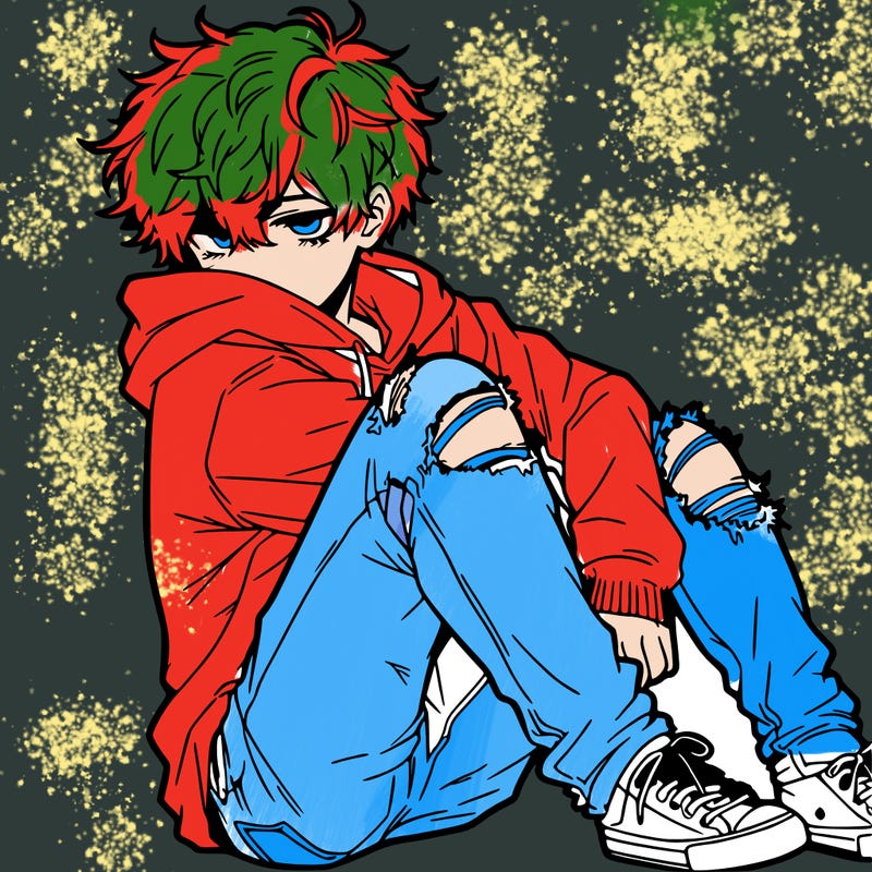 a male hoddie ripped jeans messy hair anime