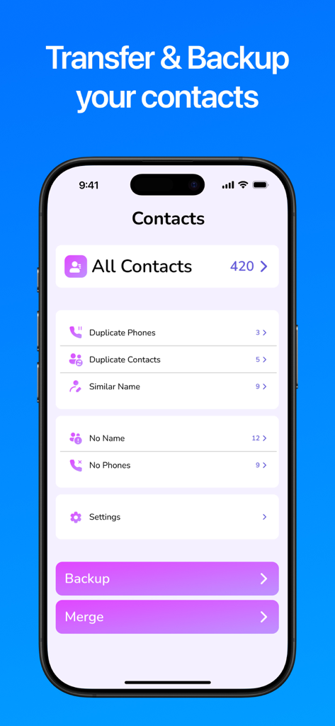 Contacts Backup and Transfer⁺ - Pantalla del iPhone mostrando herramientas de gestión de contactos, incluyendo copia de seguridad y limpiador de duplicados